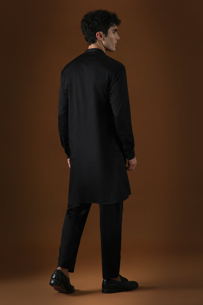 DEER IN THE WOODS - HAND EMBROIDERED DESIGNER KURTA - BLACK