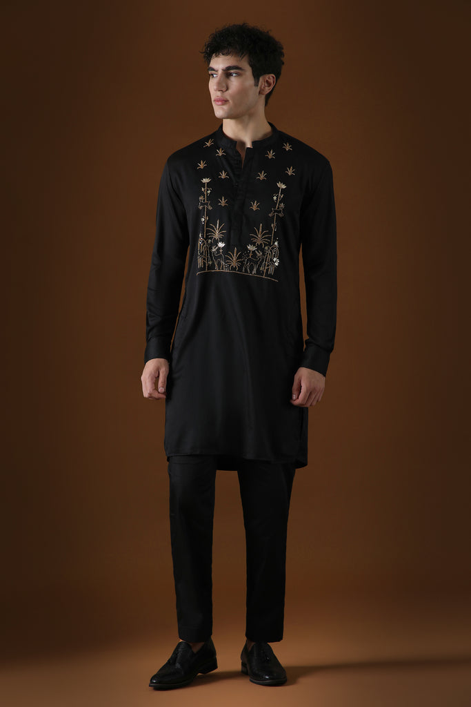 DEER IN THE WOODS - HAND EMBROIDERED DESIGNER KURTA - BLACK