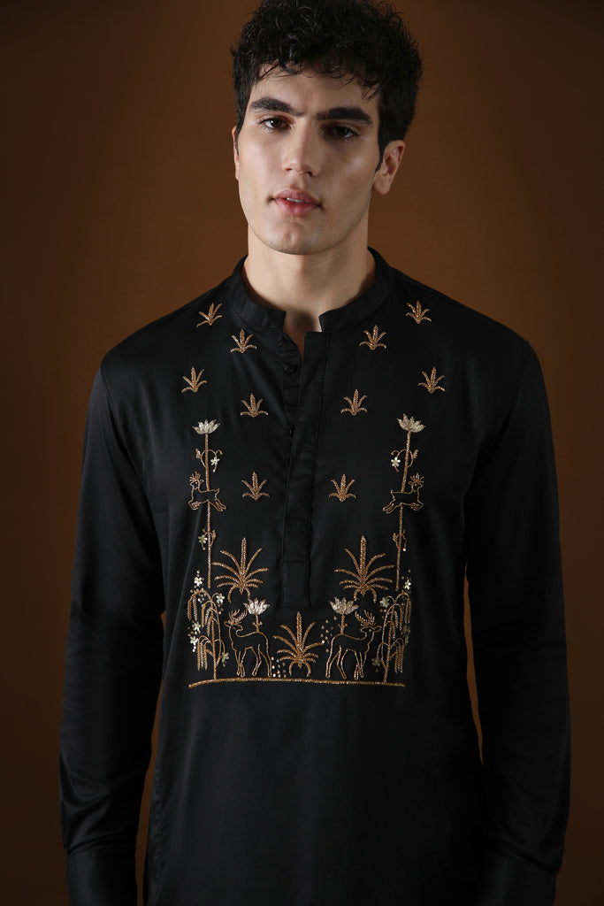 DEER IN THE WOODS - HAND EMBROIDERED DESIGNER KURTA - BLACK