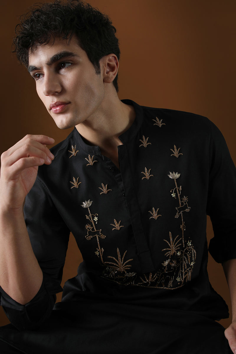 DEER IN THE WOODS - HAND EMBROIDERED DESIGNER KURTA - BLACK