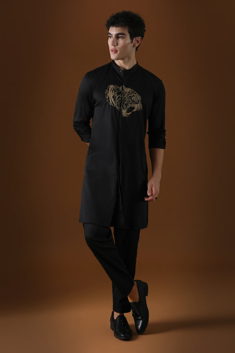 TIGER - HAND EMBROIDERED DESIGNER KURTA - BLACK