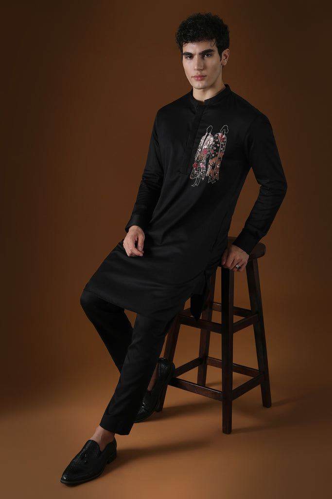 THE HUMANS - HAND EMBROIDERED DESIGNER KURTA - BLACK