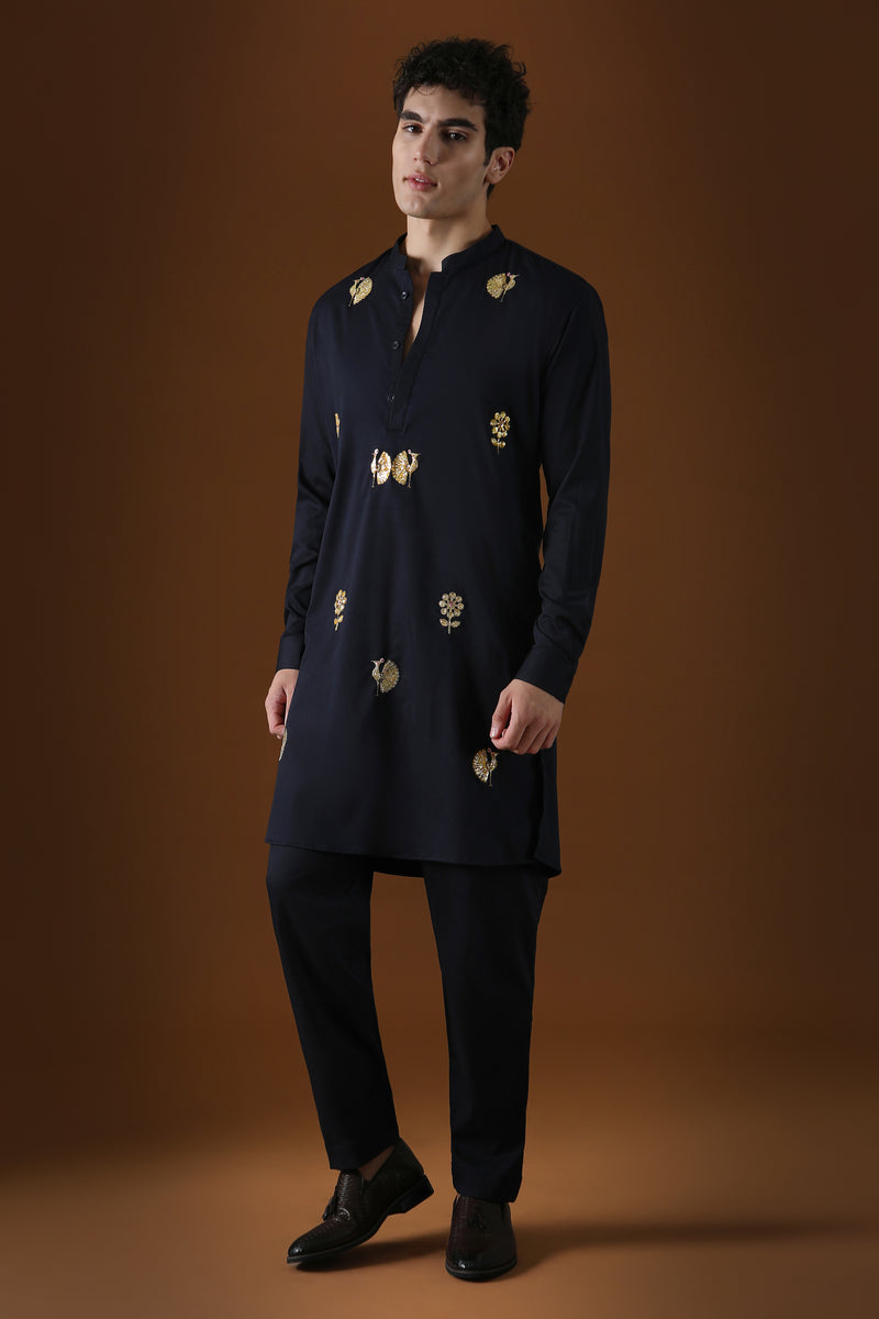 PEACOCK - HAND EMBROIDERED DESIGNER KURTA - NAVY