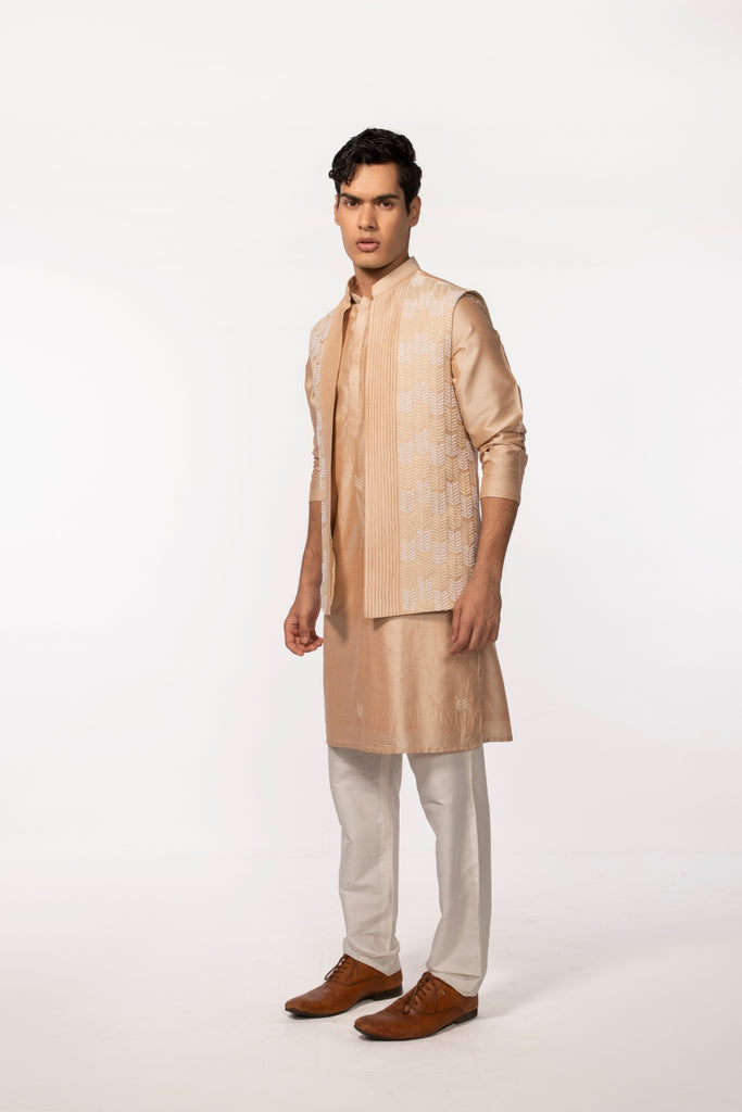 ROSEGOLD PINTUCK WITH EMBROIDERED BUNDI WITH ROSEGOLD KURTA SET
