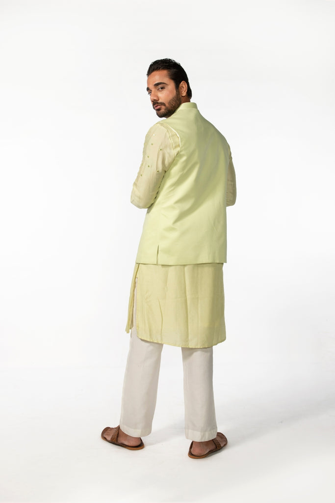 MINT GREEN ABSTRACT MIRROR BUNDI WITH MINT GREEN MIRROR ABSTRACT KURTA SET