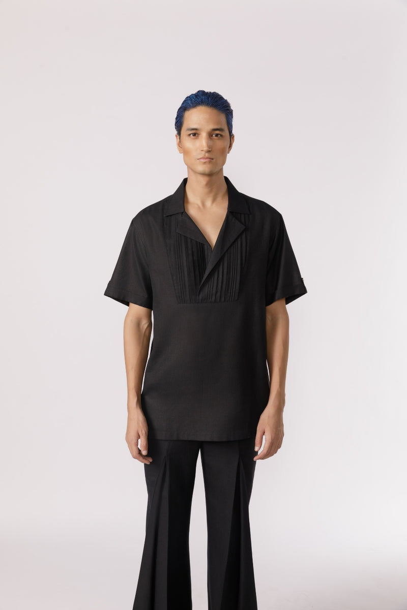 PLEATED NECKLINE CASUAL SHIRT