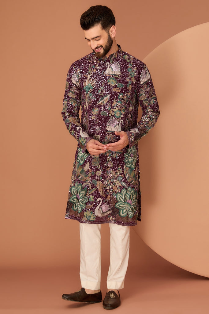 WINE KURTA WITH FLORA-FAUNA MOTIFS AND INTRICATE MULTI-THREAD AND SEQUIN EMBROIDER