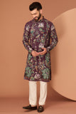 WINE KURTA WITH FLORA-FAUNA MOTIFS AND INTRICATE MULTI-THREAD AND SEQUIN EMBROIDER