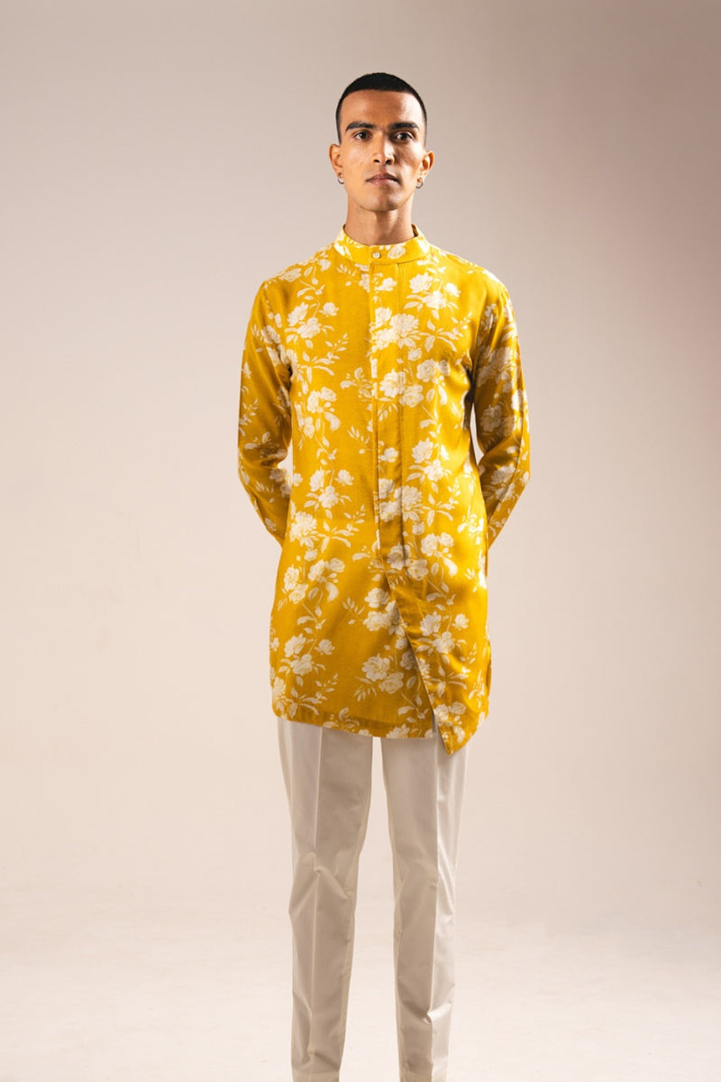 YELLOW WHITE ROSE SIDE SLIT KURTA PAJAMA SET