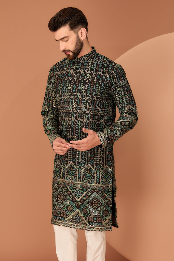 BLACK KASHMIRI EMBROIDERED KURTA WITH INTRICATE MULTI-THREADWORK