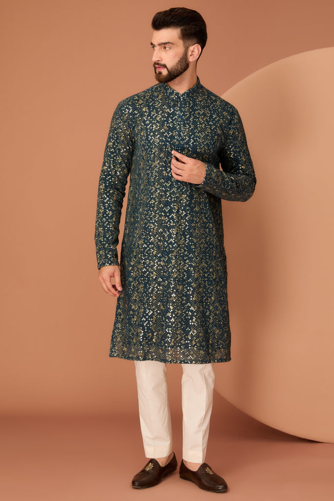 BLUE-GREY HEAVY ABSTRACT SEQUINED KURTA