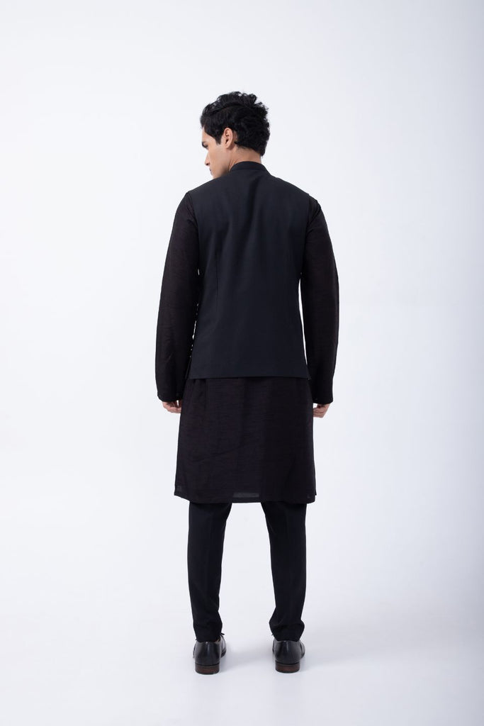 BLACK PINTUCK KURTA WITH BLACK 3D EMBRIODERED BUNDI