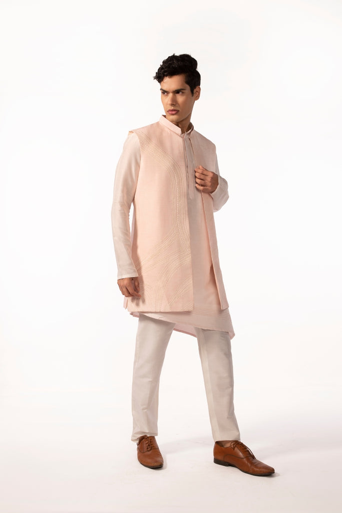 PINK EMBROIDERED ACHKAN WITH PINK PINTUCK KURTA SET
