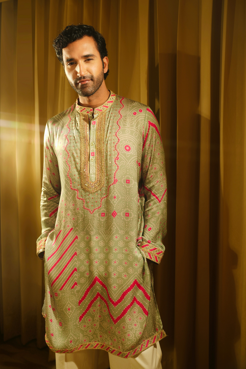SAGE GREEN BANDHANI KURTA SET