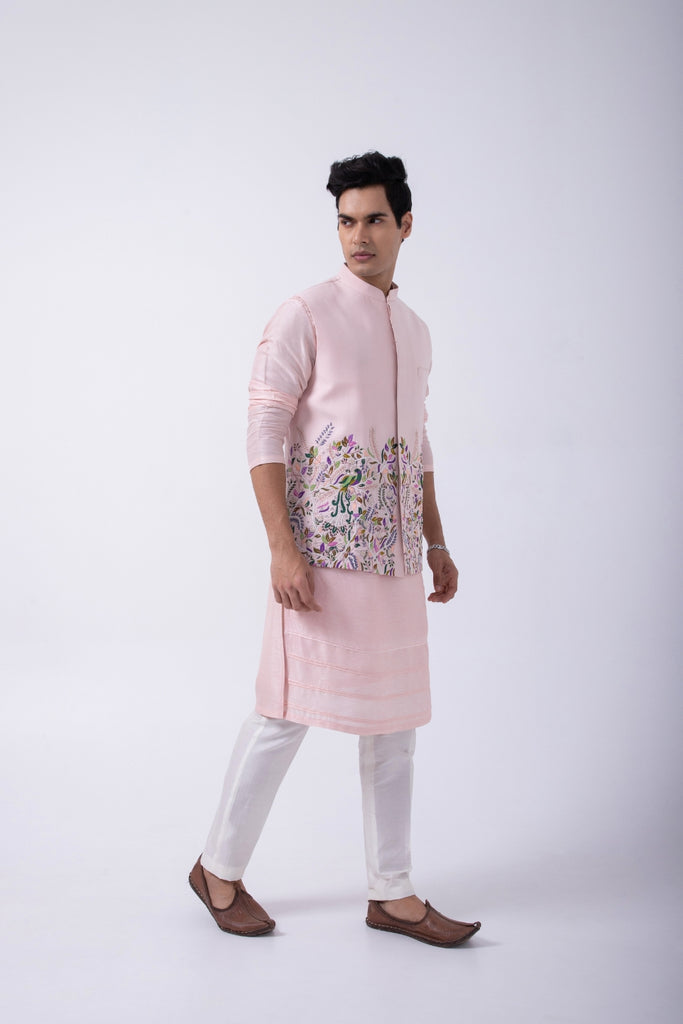 PASTEL PINK PINTUCK KURTA SET WITH PASTEL PINK PEACOCK IN A GARDEN BUNDI