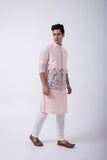 PASTEL PINK PINTUCK KURTA SET WITH PASTEL PINK PEACOCK IN A GARDEN BUNDI