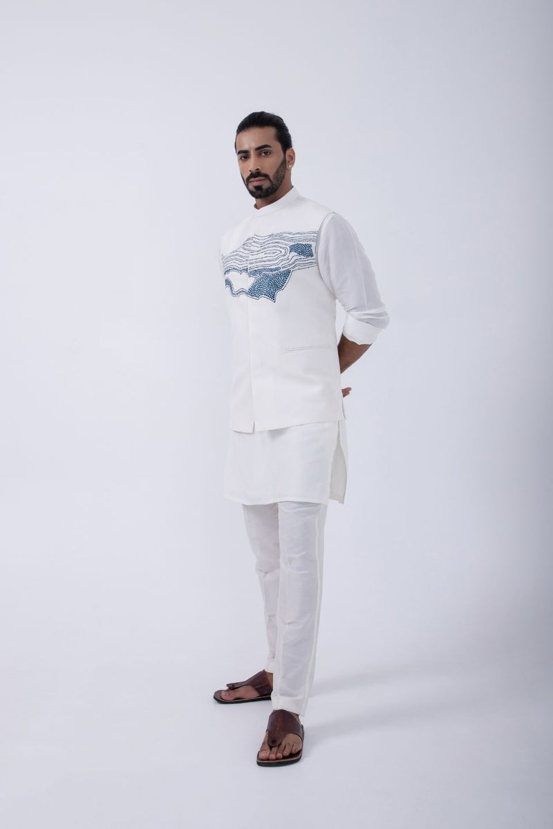 IVORY KURTA SET WITH IVORY PLACMENT ABSTRACT EMBRIODERD BUNDI