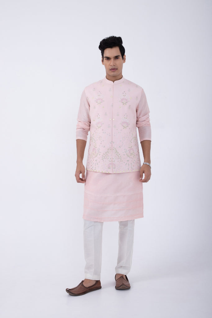 PASTEL PINK PINTUCK KURTA SET WITH PASTEL PINK GARDEN EMB BUNDI