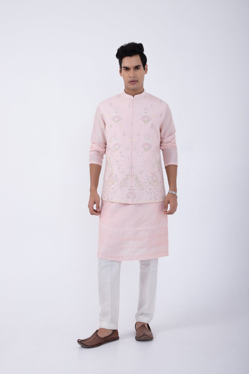 PASTEL PINK PINTUCK KURTA SET WITH PASTEL PINK GARDEN EMB BUNDI