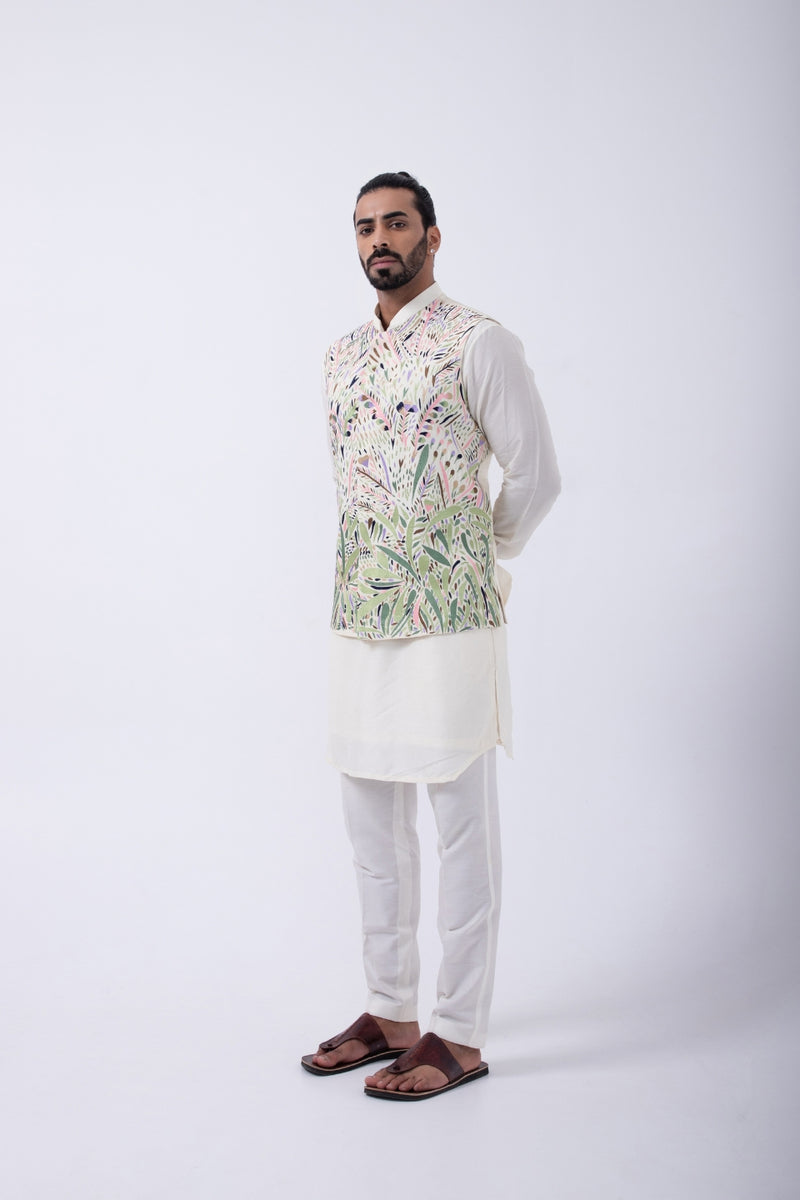 IVORY KURTA SET WITH IVORY- PASTEL MULTICOLORED EMB BUNDI