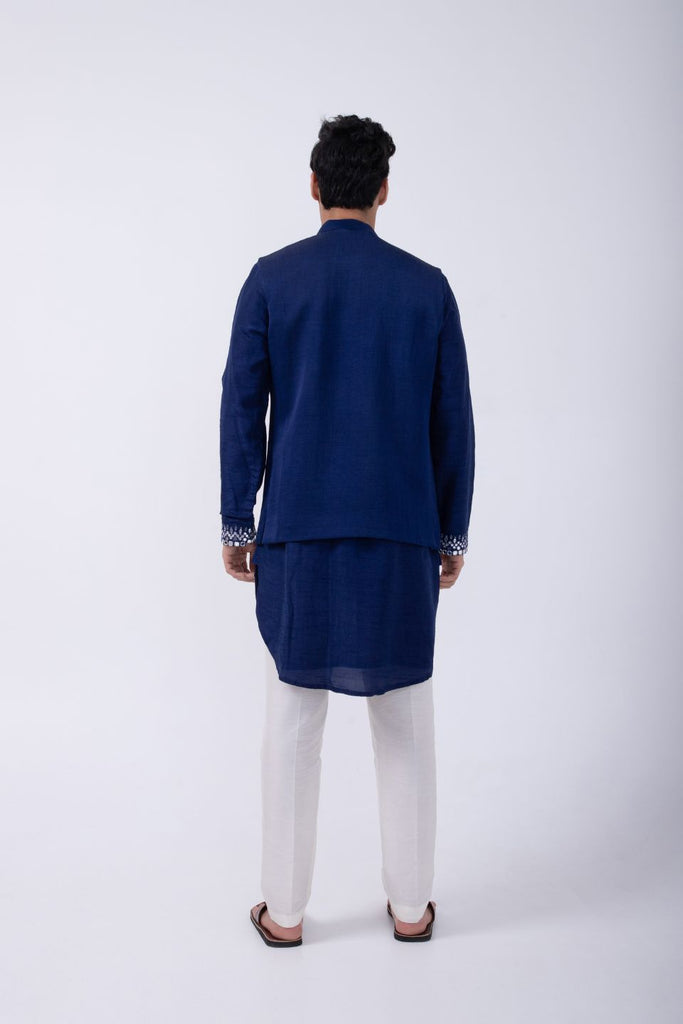 BLUE SILVER HAND EMB KURTA WITH BLUE SILVER HAND EMB OPEN BUNDI