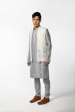 IVORY LOTUS OPEN BUNDI WITH GREY LOTUS KURTA SET