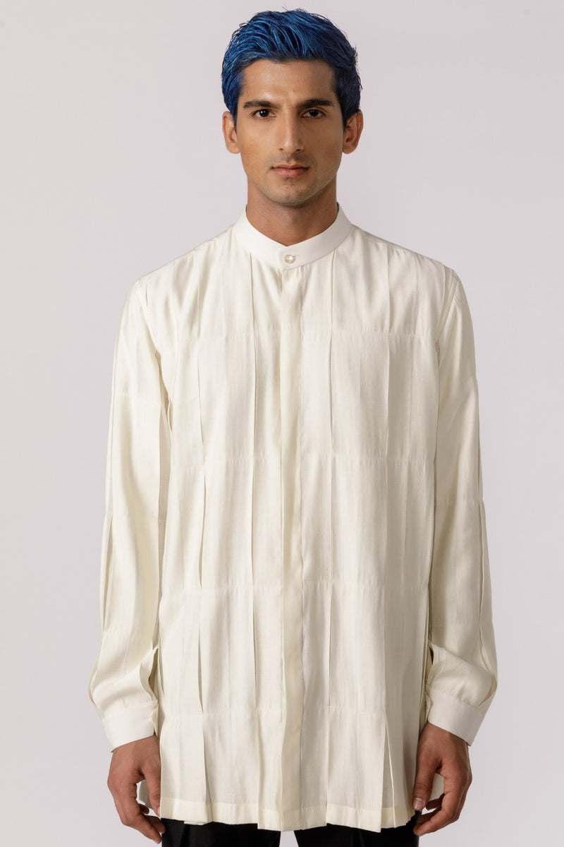 BOX PLEATED MANDARIN COLLAR SHIRT