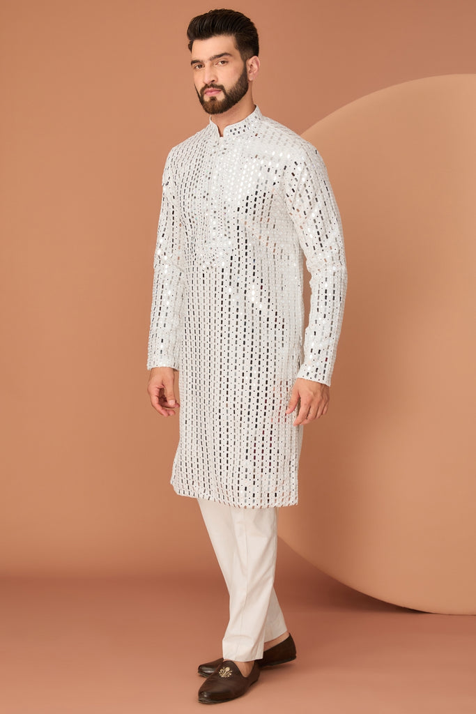 WHITE MIRROR WORK KURTA WITH HAND EMBROIDERED NECK-LINE