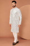 WHITE MIRROR WORK KURTA WITH HAND EMBROIDERED NECK-LINE