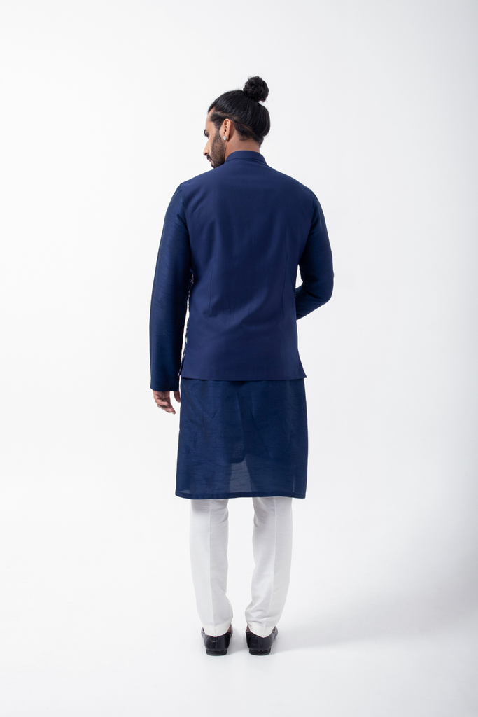 BLUE KURTA SET WITH BLUE HEAVY GARDEN EMBRIODERED BUNDI