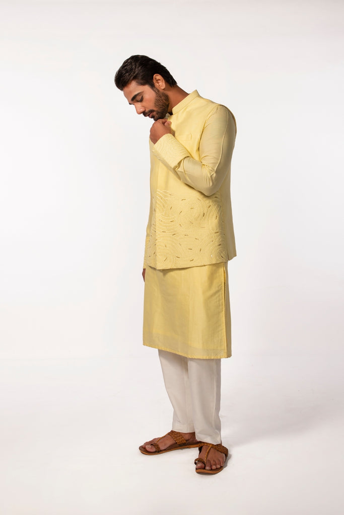 YELLOW EMBROIDERY BUNDI WITH YELLOW EMBROIDERED KURTA SET