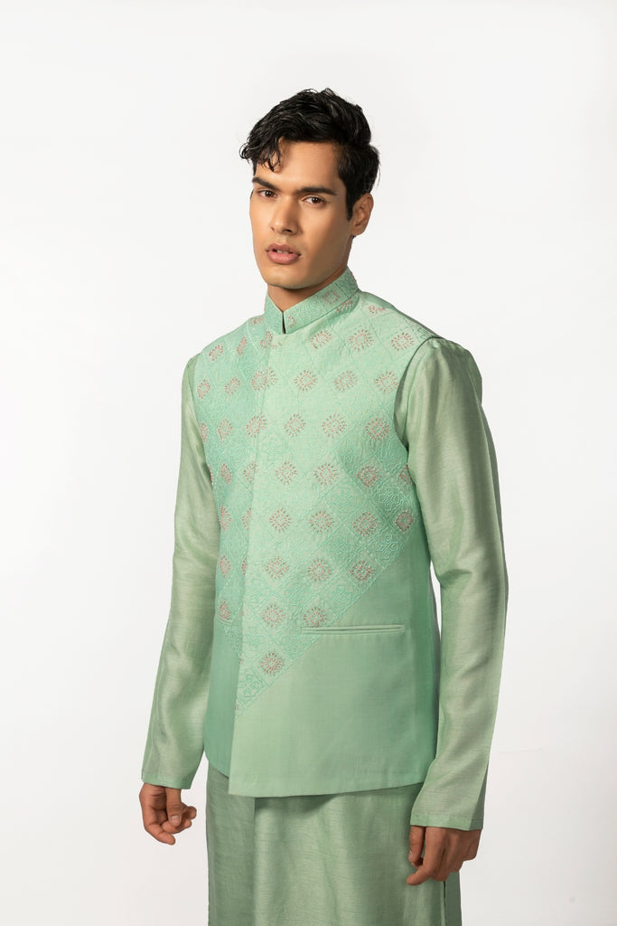 SEA GREEN HAND EMBROIDERED BUNDI WITH SEA GREEN HAND EMBROIDERED KURTA SET