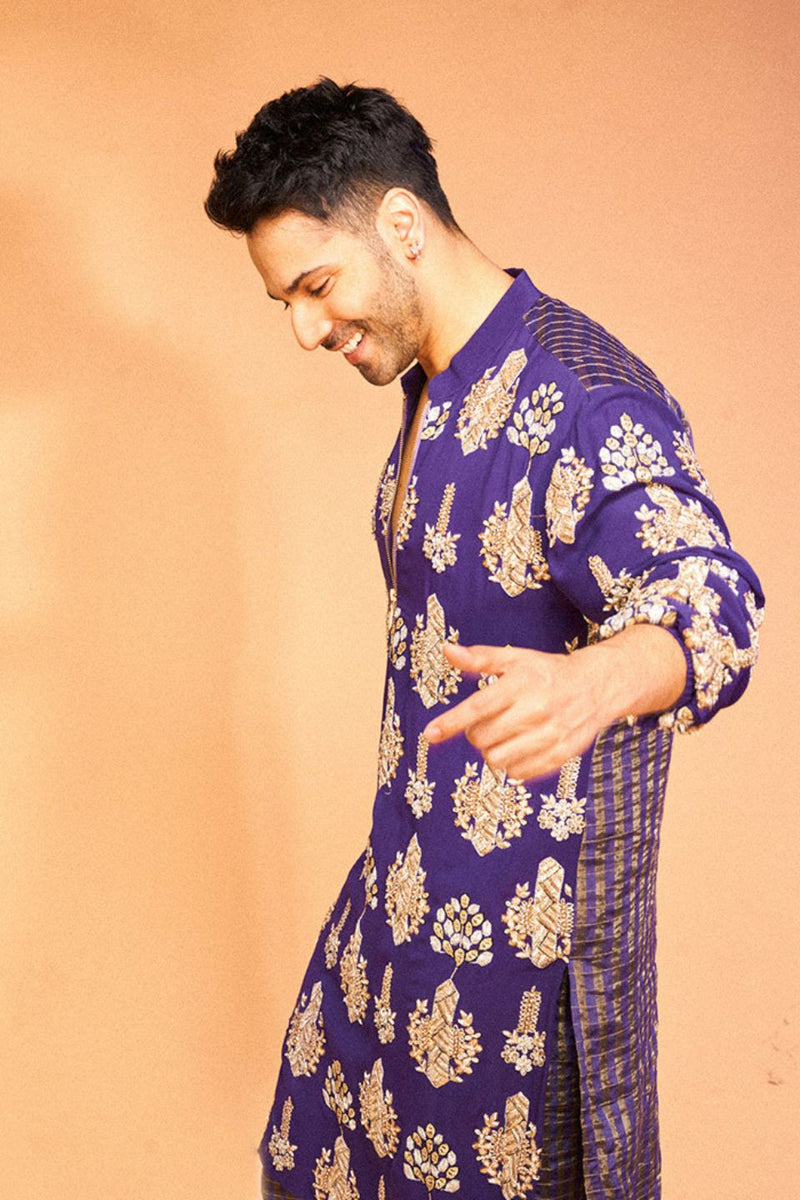 PURPLE COLOUR EMBROIDERED STRIPE KURTA WITH STRIPE JOGGER PANTS