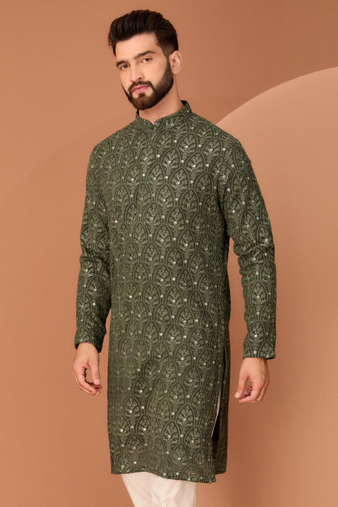 MILITARY GREEN CHIKANKARI KURTA