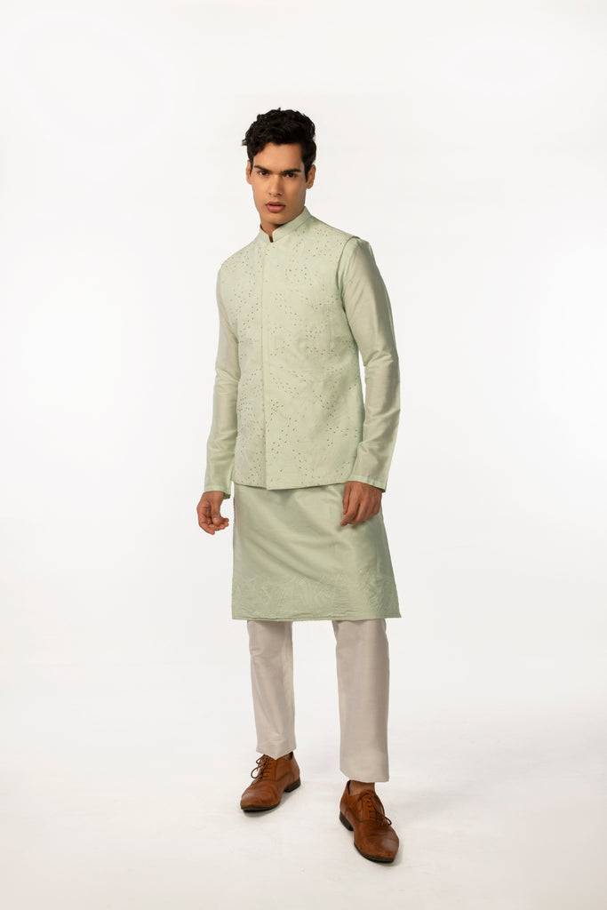 SOOTHING GREEN EMBROIDERED WITH HIGHLIGHTS BUNDI WITH GREEN EMBROIDERED KURTA SET