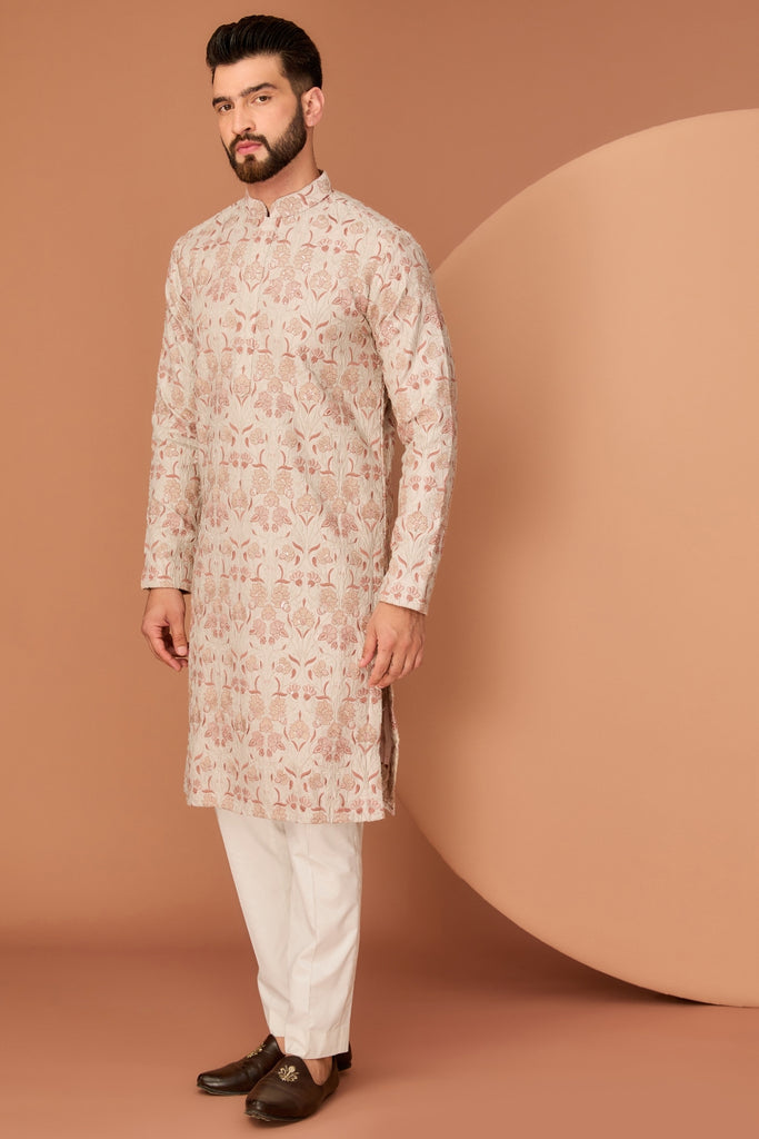 BEIGE-CREAM FLORAL CHIKANKARI KURTA