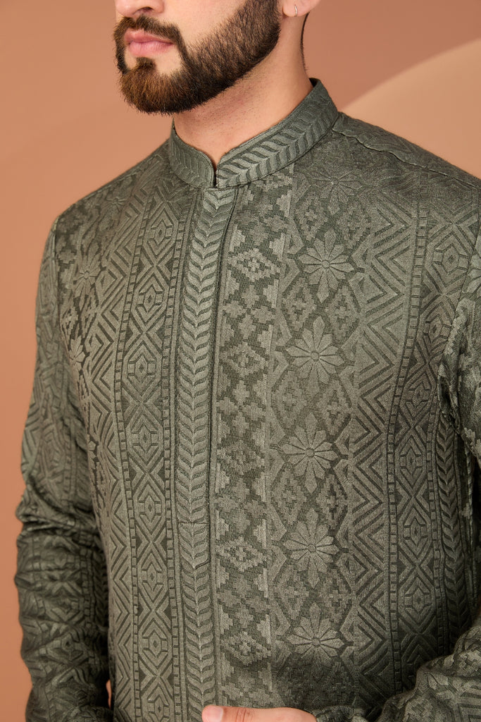 MILITARY GREEN CHIKANKARI KURTA
