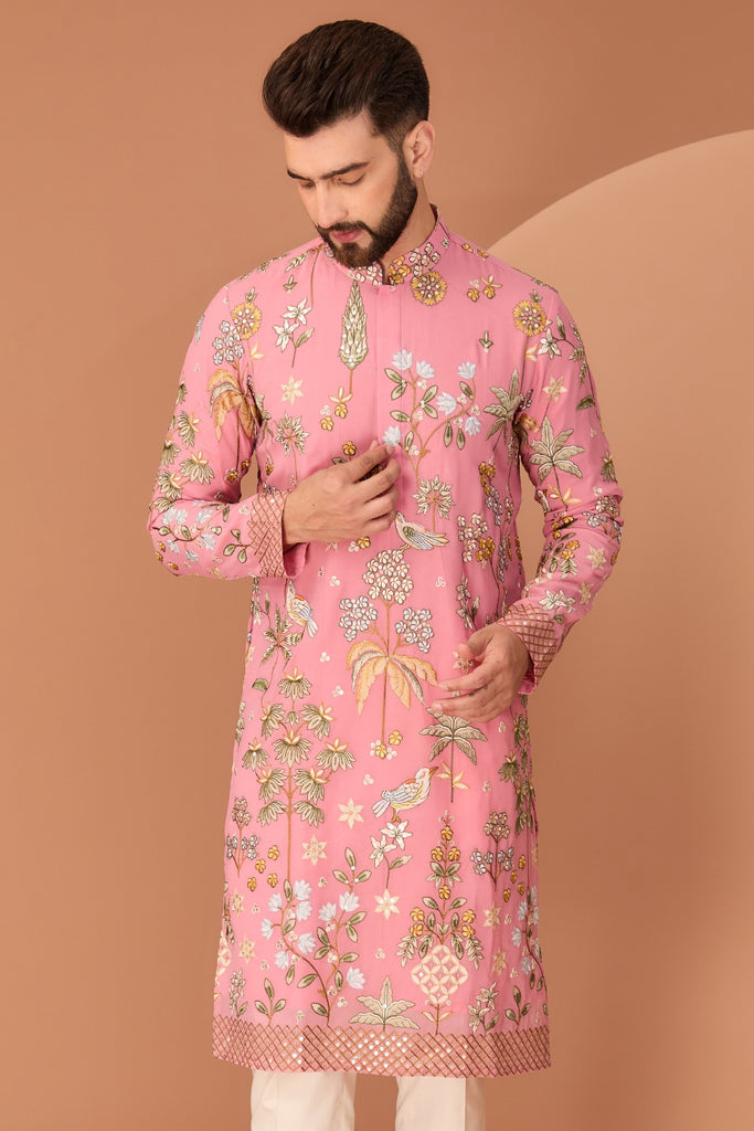 DARK PINK FLORA-FAUNA EMBROIDERED KURTA