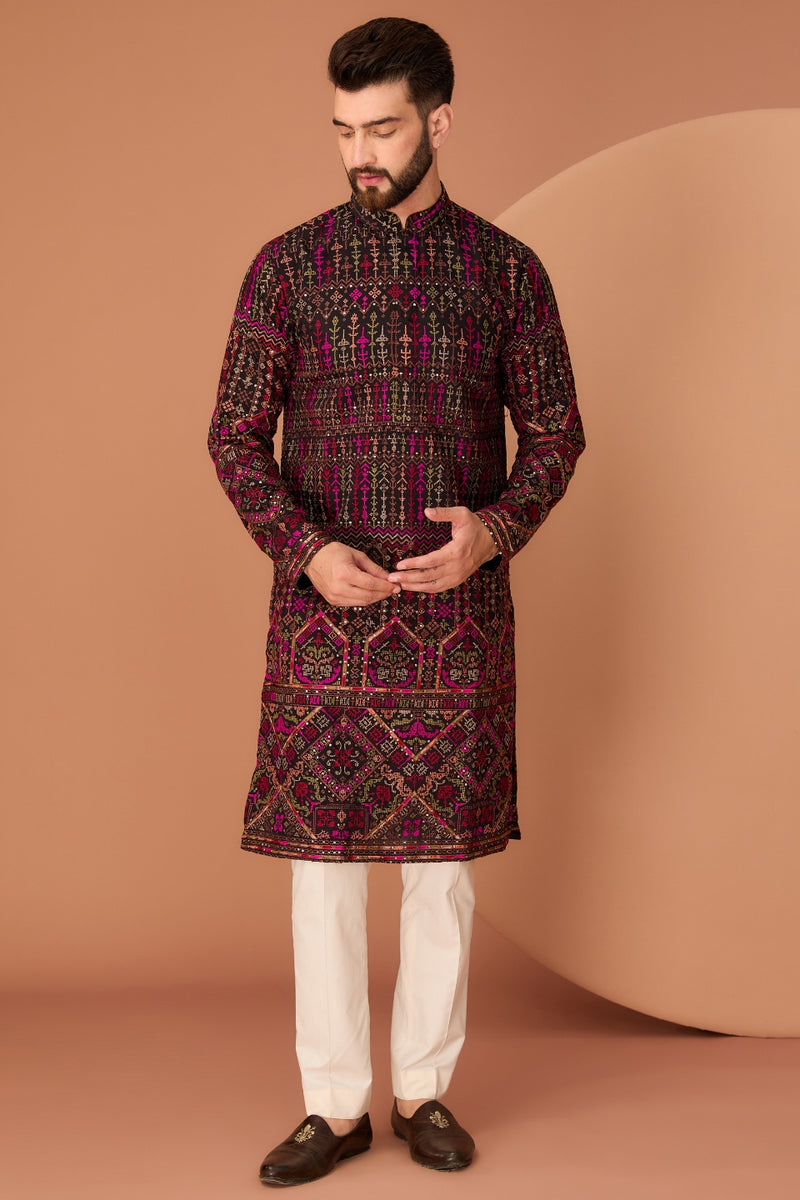 BLACK KASHMIRI EMBROIDERED KURTA WITH INTRICATE MULTI-THREADWORK