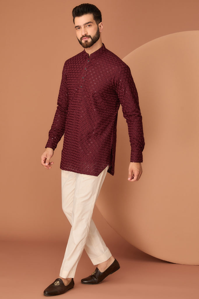 MAROON SHORT CHIKANKARI KURTA WITH ROYAL CUT