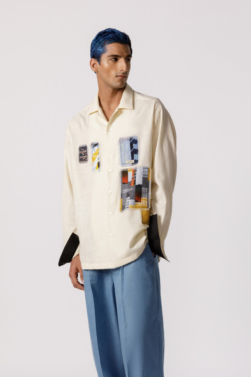 OVERSIZED PATCH WORK SHIRT (OFF-WHITE)
