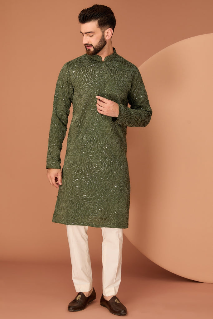 MILITARY GREEN FLORAL EMBROIDERED KURTA
