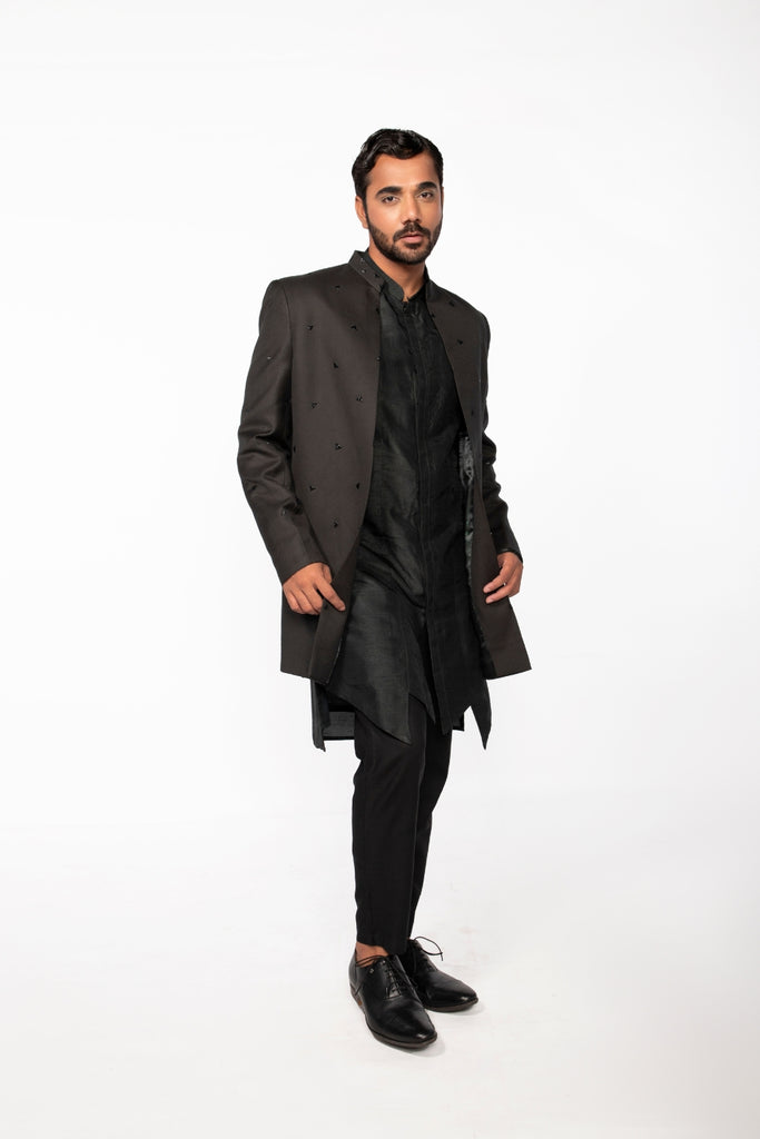 OLIVE EMBROIDERED OPEN JACKET WITH KURTA SET