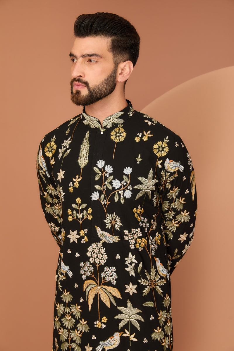 BLACK FLORA-FAUNA EMBROIDERED KURTA