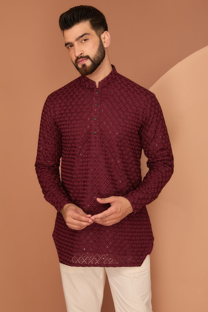 MAROON SHORT CHIKANKARI KURTA WITH ROYAL CUT