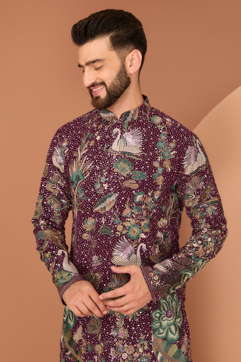 WINE KURTA WITH FLORA-FAUNA MOTIFS AND INTRICATE MULTI-THREAD AND SEQUIN EMBROIDER