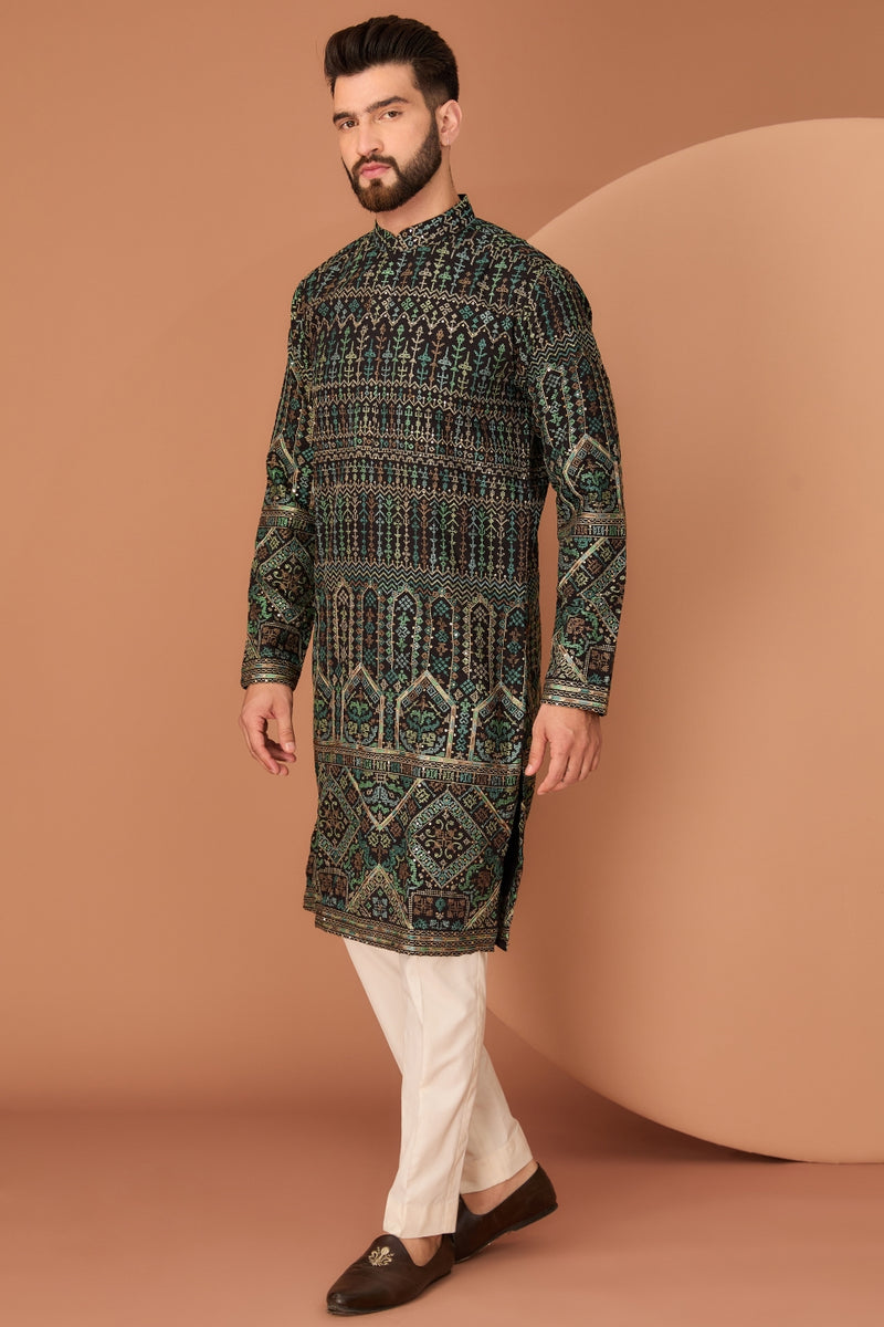 BLACK KASHMIRI EMBROIDERED KURTA WITH INTRICATE MULTI-THREADWORK