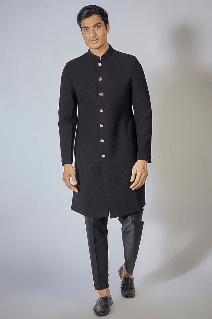 BLACK SELF EMBROIDERED ACHKAN SET