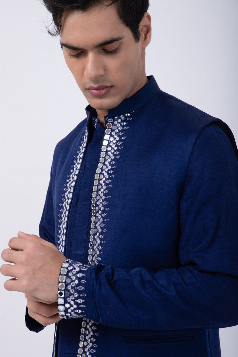 BLUE SILVER HAND EMB KURTA WITH BLUE SILVER HAND EMB OPEN BUNDI