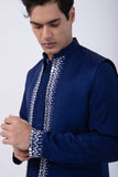 BLUE SILVER HAND EMB KURTA WITH BLUE SILVER HAND EMB OPEN BUNDI